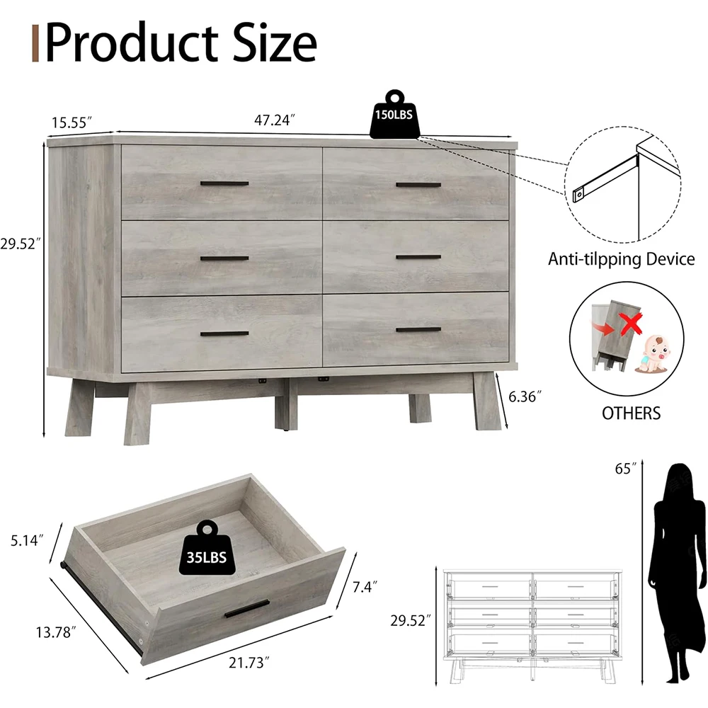 product nu deco modern 6 drawer wide chest dresser with x shaped sturdy base wood material grey for bedroom living room clothes storage-5