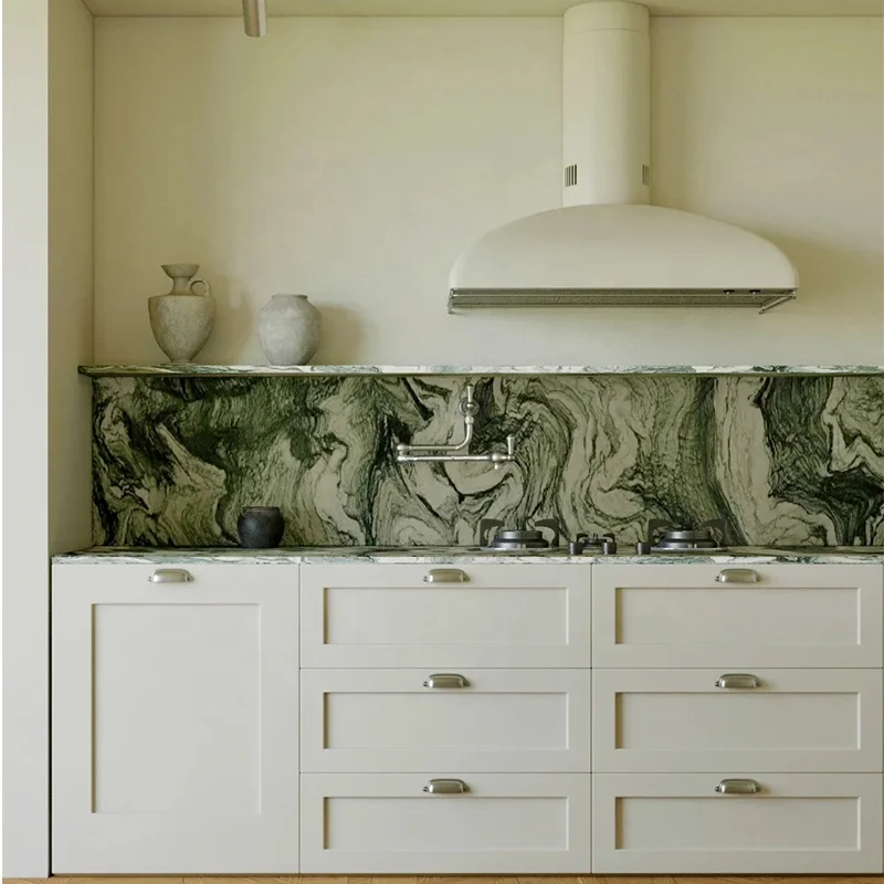 Pemandangan Meja Dapur Marmer Hijau Alami, Marmer Hijau Alami yang Dipotong Sesuai Ukuran, Ubin Dapur untuk Dinding Belakang Dapur
