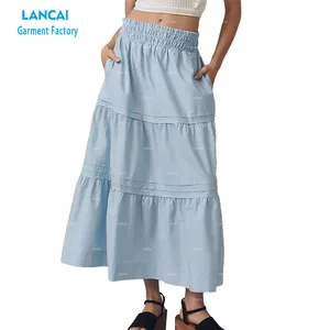 OEM Custom Women's Maxi Skirt 100% Cotton Spring Summer Collection Tiered A-line Silhouette Side Pockets Pull-on Waist