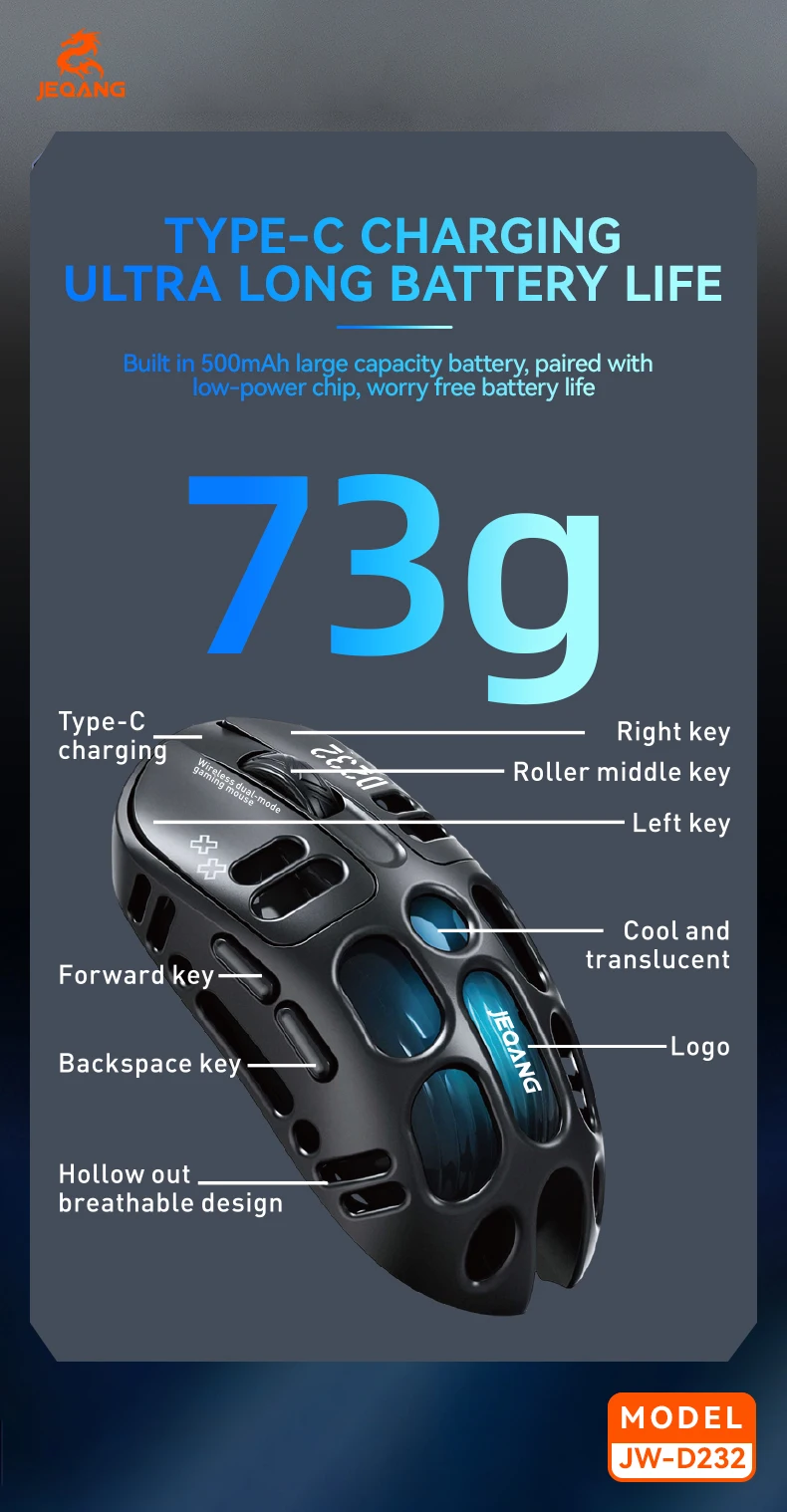 Jeqang JW-D232 RGB 2.4G BT Dual-Mode 6D Ergonomic Gaming Mouse Magnesium Alloy Hollow Design Optical Tracking Backlit