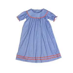 Wholesale Baby Cotton Frocks Latest Designs Blue Gingham Kids Skirt Check Lace Cotton Children Girls Dress