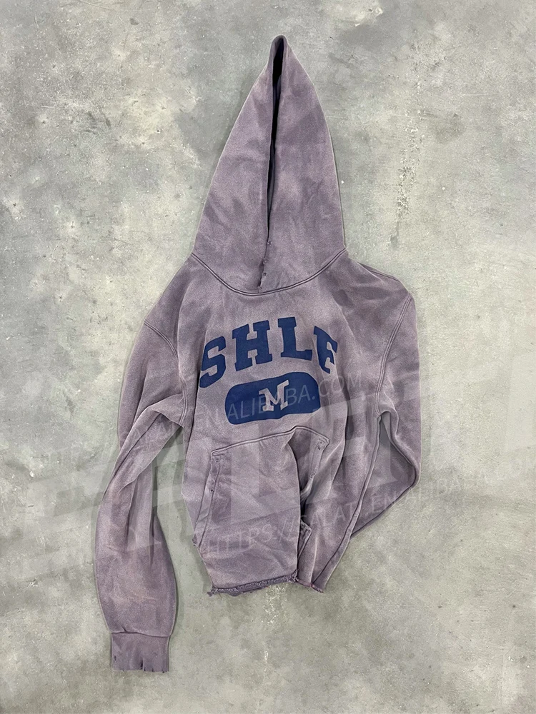 Custom Men Vintage Distressed Pullover Cropped Hooded Sweatshirts Cotton Screen Print Raw Hem Acid Wash Sun Fading Hoodie Unisex gallery 3