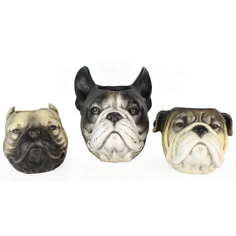 Resin Animal Head 3D French Bulldog Statue Dog Head Flower Vase Home Decor