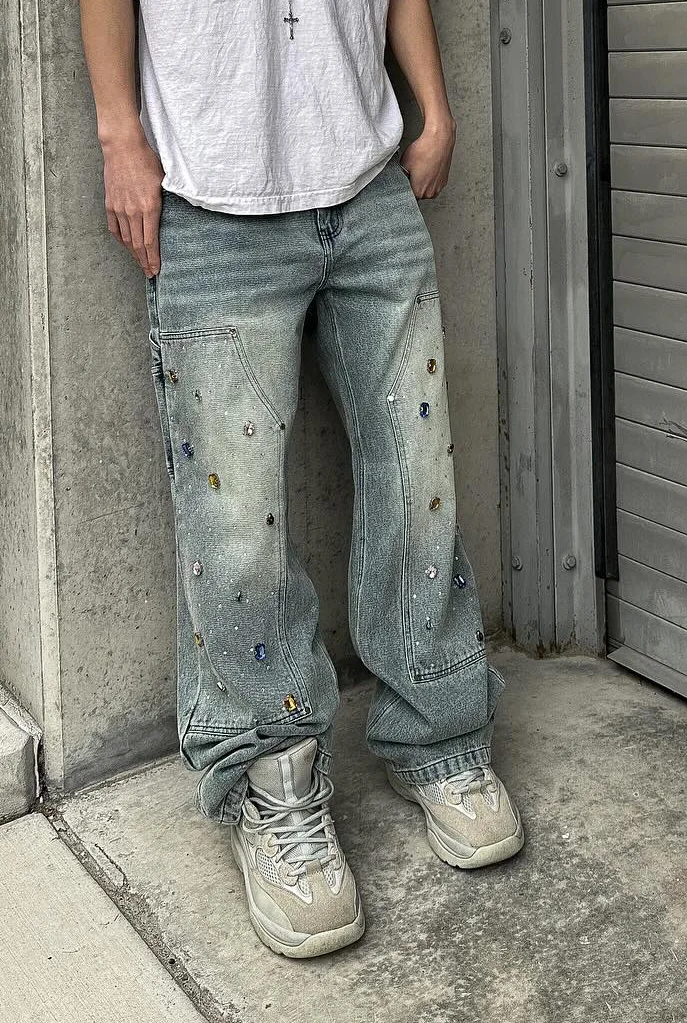 Baggy Jeans Custom Skate Streetwear Mens Washed Cotton Loose Fit Cargo Pants Rhie Double Knee Denim Jean Men_voghion.com