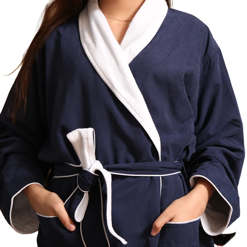 Wholesale Hotel Spa Robe Luxury Dark Blue Terry Lined Microfiber Shawl Collar 100% Cotton Bathrobe Women Men Sleepwear Adults