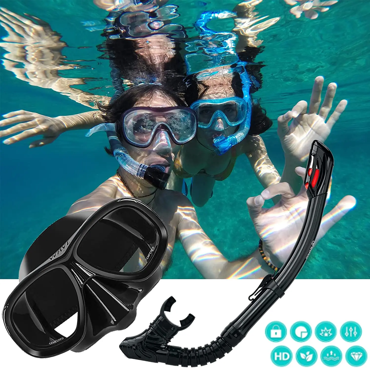 WAVE Myopia Scuba Diving Mask Set Anti-fog 150-600 Degrees Silicone and Dry Top Snorkel
