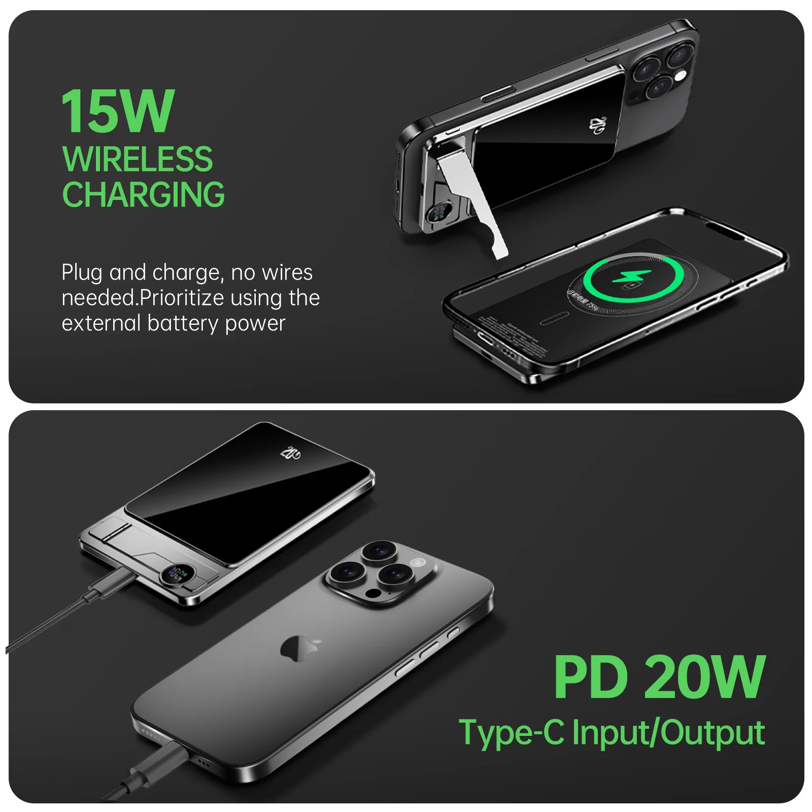 F15 in Ultra Slim Metal Magnetic Wireless Charger Power Bank Super Thin  Fast Charging with Hidden Bracket 5000mah Power Bank