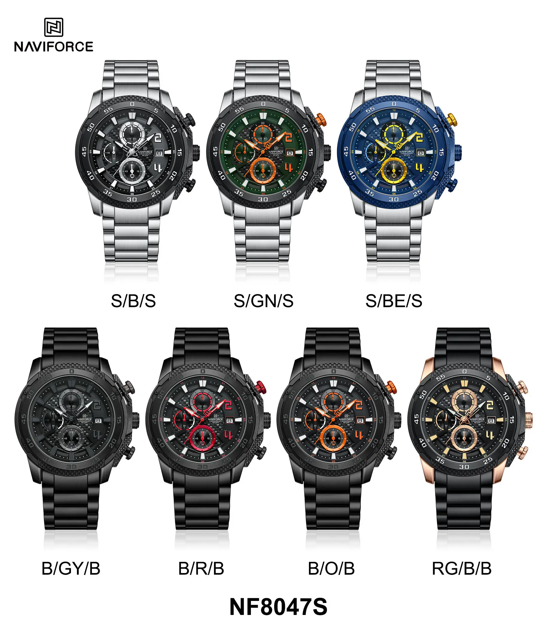 NAVIFORCE 8047 Men Watch Sport Top Brand Luxury Chronograph Date Original Wristwatch Stainless Steel Watches Quartz Male Clock