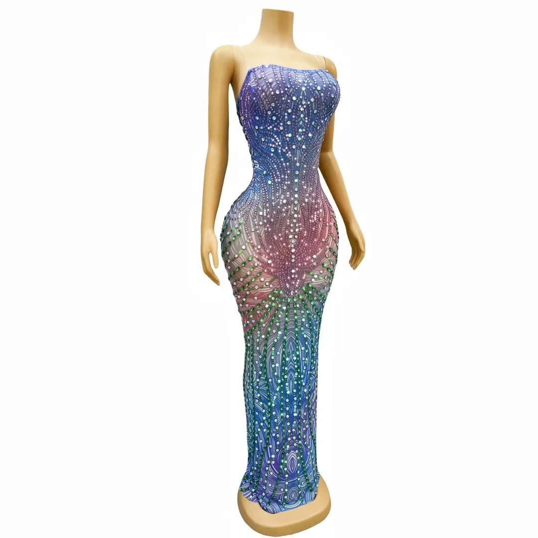 Boutique Clothing Rainbow Diamond See Through Ball Gown Women Off Shoulder  Party Maxi Dress Floor Length Prom Evening Dress
