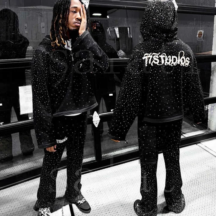Salati High Quality Rhinestone Puff Printing Acid Wash Jogging Suits Hoodie and Sweatpants Set Flared Men's Tracksuits Sweatsuit gallery 3