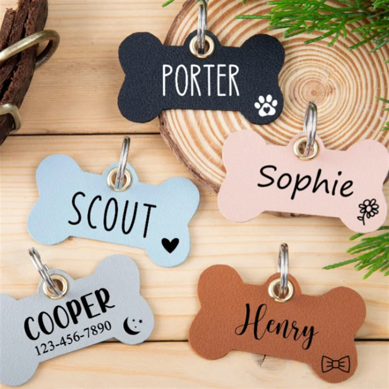 Custom Bone Shaped Dog Anti Loss Identity Tag Pu Leather Laser Carved ...