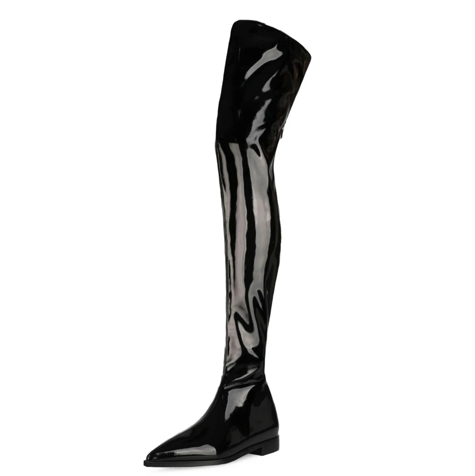 over the knee pointed toe flat boots