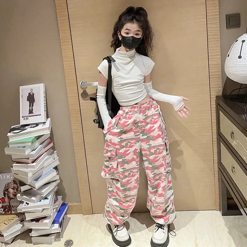 2023 новые осенние модные розовые повседневные камуфляжные брюки для больших девочек Классные брюки От 5 до 15 лет