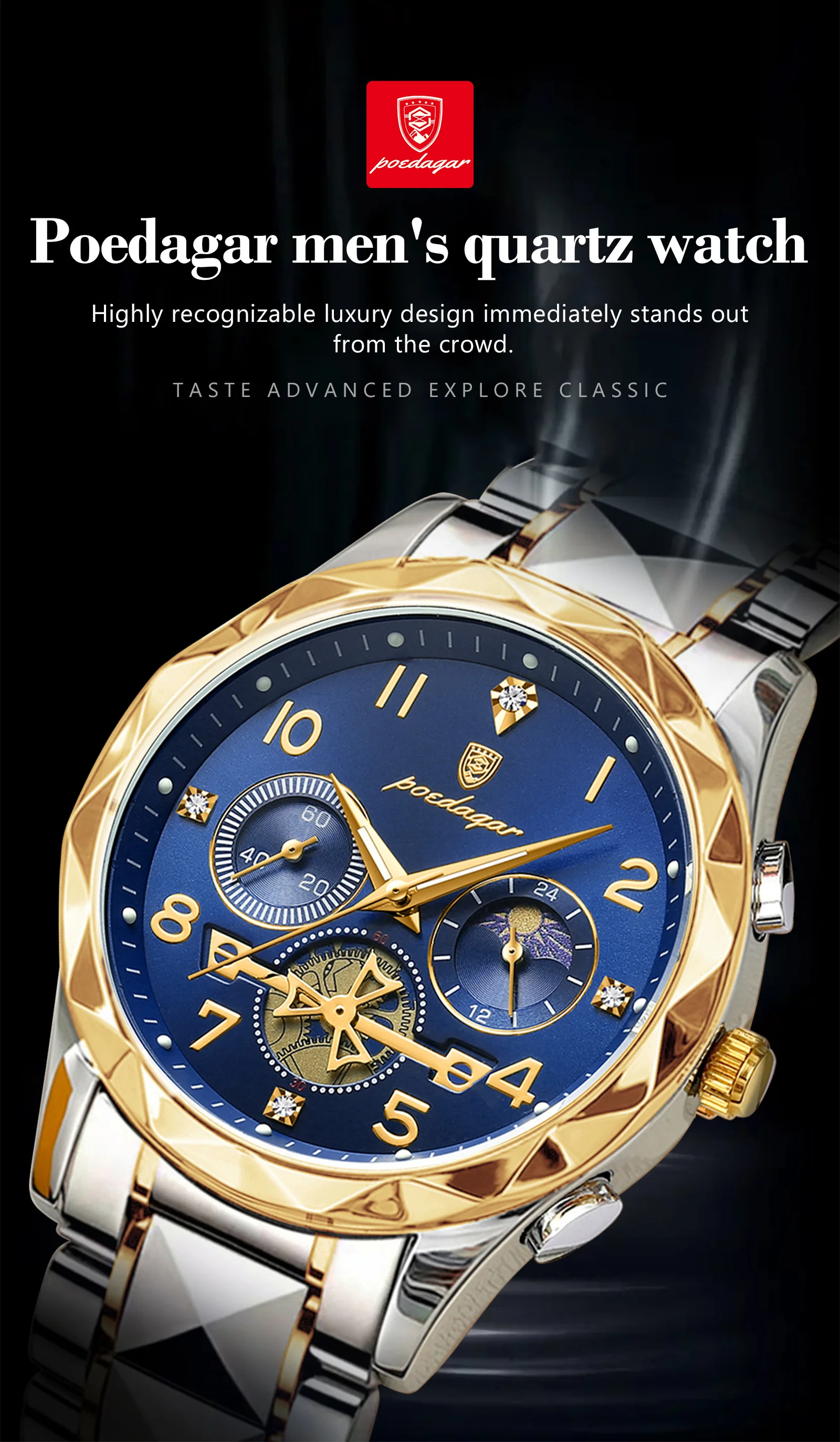 Poedagar 972黄金奢华商务手表防水计时夜光手时尚休闲男士手表Montre Relojes