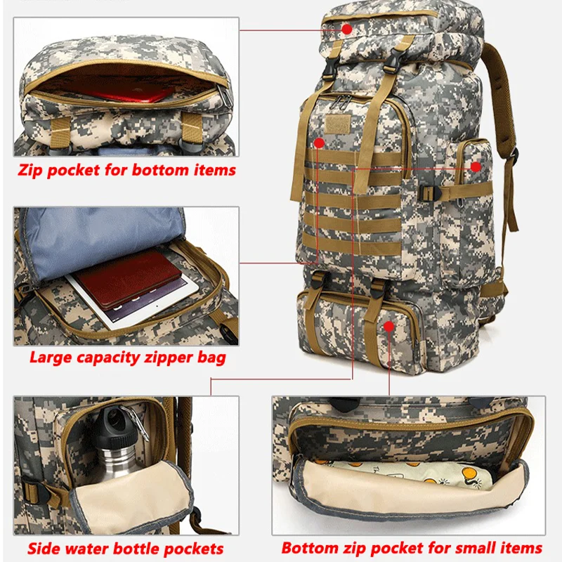 80L Waterproof Hiking Trekking Bag Camouflage Backpack