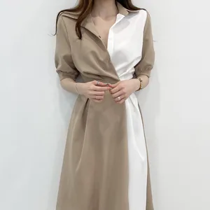 Korean Chic Summer French Midi Dress Anti-Static A-Line High-Waist Lapel Contrast Color Design Dresses Women Custom