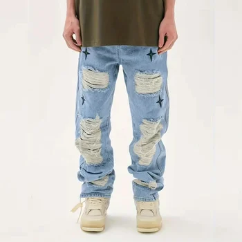 New Arrival Men's Clothing Embroidery Straight Jeans Comfortable Destroyed Denim Trousers for Men