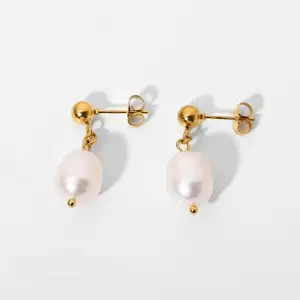 Fashionable Stainless Steel Gold Stud Earrings Hypoallergenic Baroque Pearl Drop Trendy Bridal Wedding Jewelry
