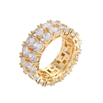 Classic Sparkling Two Rows Iced Out CZ Rings Brass Gold Silver Color Zircon Crystal Ring Fashion Hiphop Women Men's Jewelry