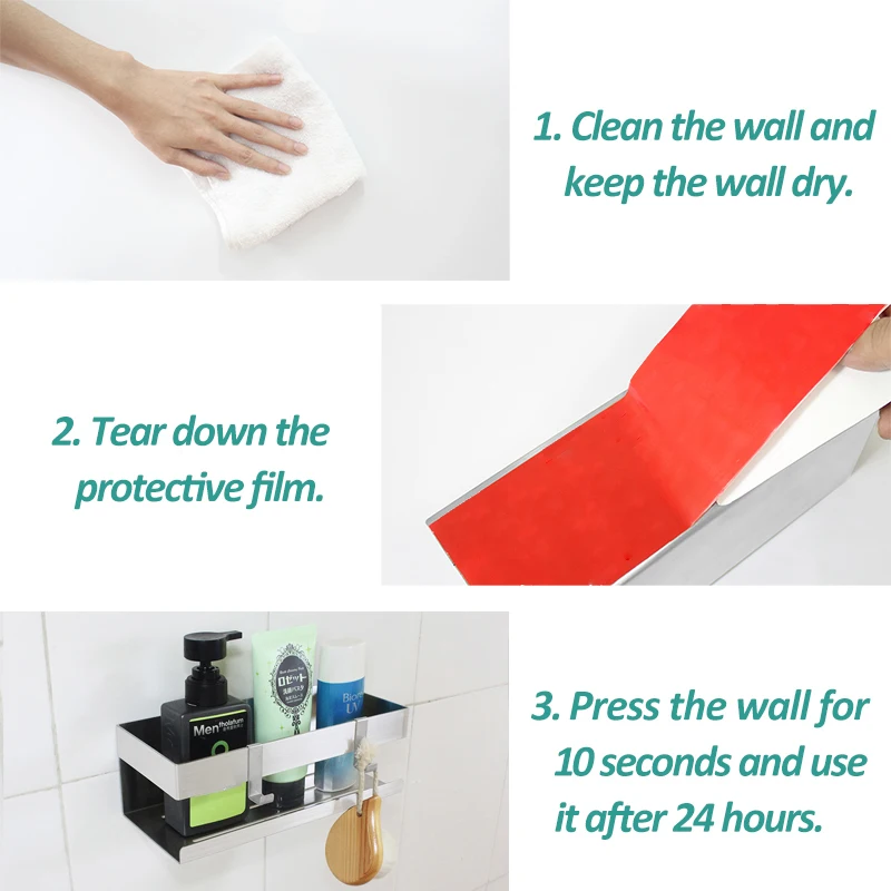 Wall Shelf Adhesive Shower Shelf Without Drilling Stainless Steel Adhesive Corner Shower Shelf with Hooks
