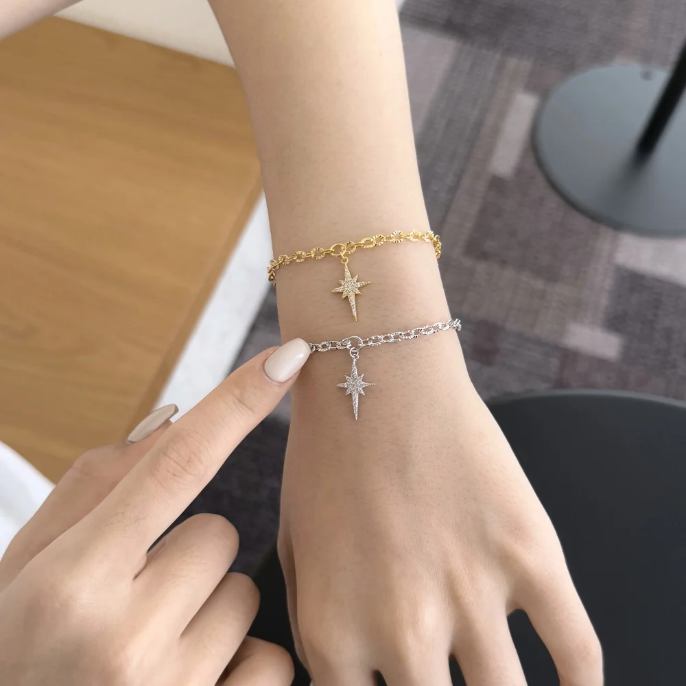KAKODIY Women's Rhodium 18K Gold Plated Eight Point Star Bracelet 5A Zirconia Cross Tail Pendant Link Bracelet with Extender detail 1