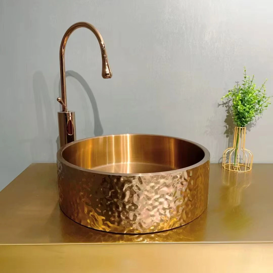 Modern Steel Round Above-Counter Ripple Basin Sink Brush Gold Wash Bowl for Bathroom Easy Clean Feature with Drainer for Hotels