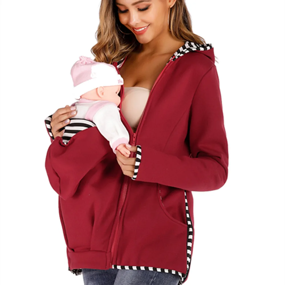 Casual Women Winter Warm Hooded Maternity Pocket Layered Nursing Hoodie Sweatshirts Tops Dropshipping