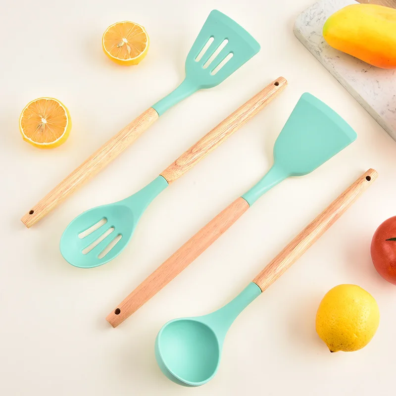 Non-Stick Silicone Kitchenware Set Wooden Handle Cross-Border Cooking Spoon Shovel Storage Tube Direct Utensils