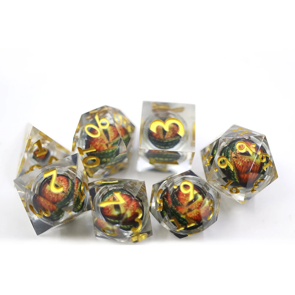 Custom Resin Dice 7pcs DND sharp Edge Red Dragon Eye Ball Core Dice Set with Gold Number