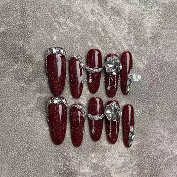 Wholesale Luxury rhinestones Bling Red sequin diamonds Reusable Removable False Nails handmade Press on Nails