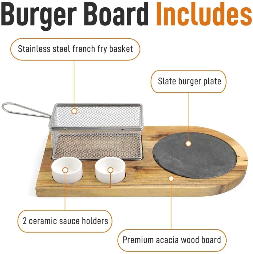 Burger Board Set Wooden Burger Plates Platter Lovers Customized Steak Plate Burger coaster BBQ Serving Board With Handle