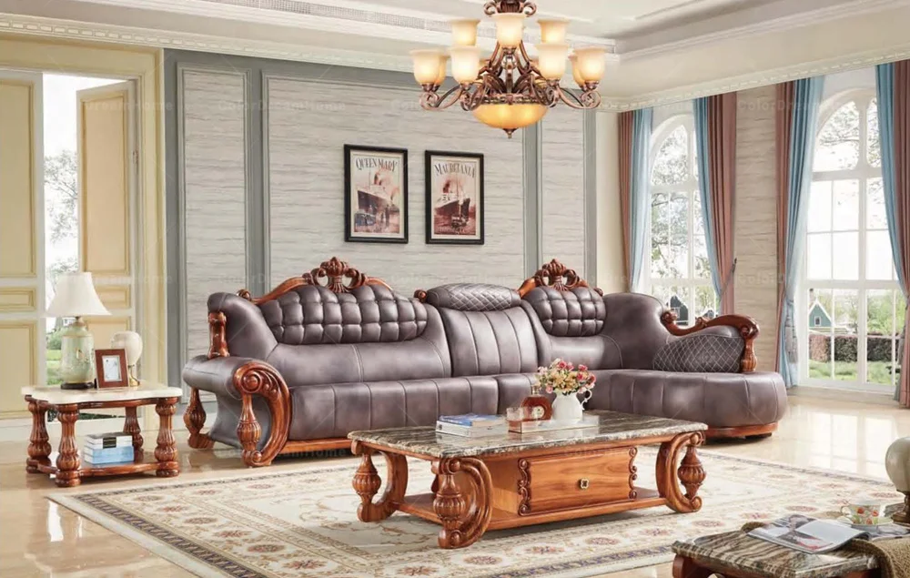 Antique Ebony Leather Sofa for Living Room, Hand-Carved Wood, Southeast ...