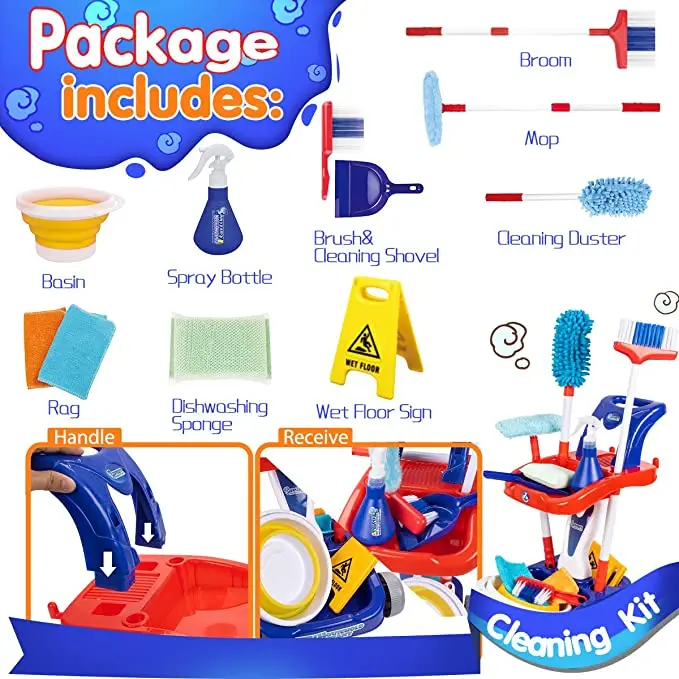 Hot Selling Pretend Play Toy Cleaning Set, Cleaning Stroller Toy,  Detachable Cleaning Kit Housekeeping Toys for Kids