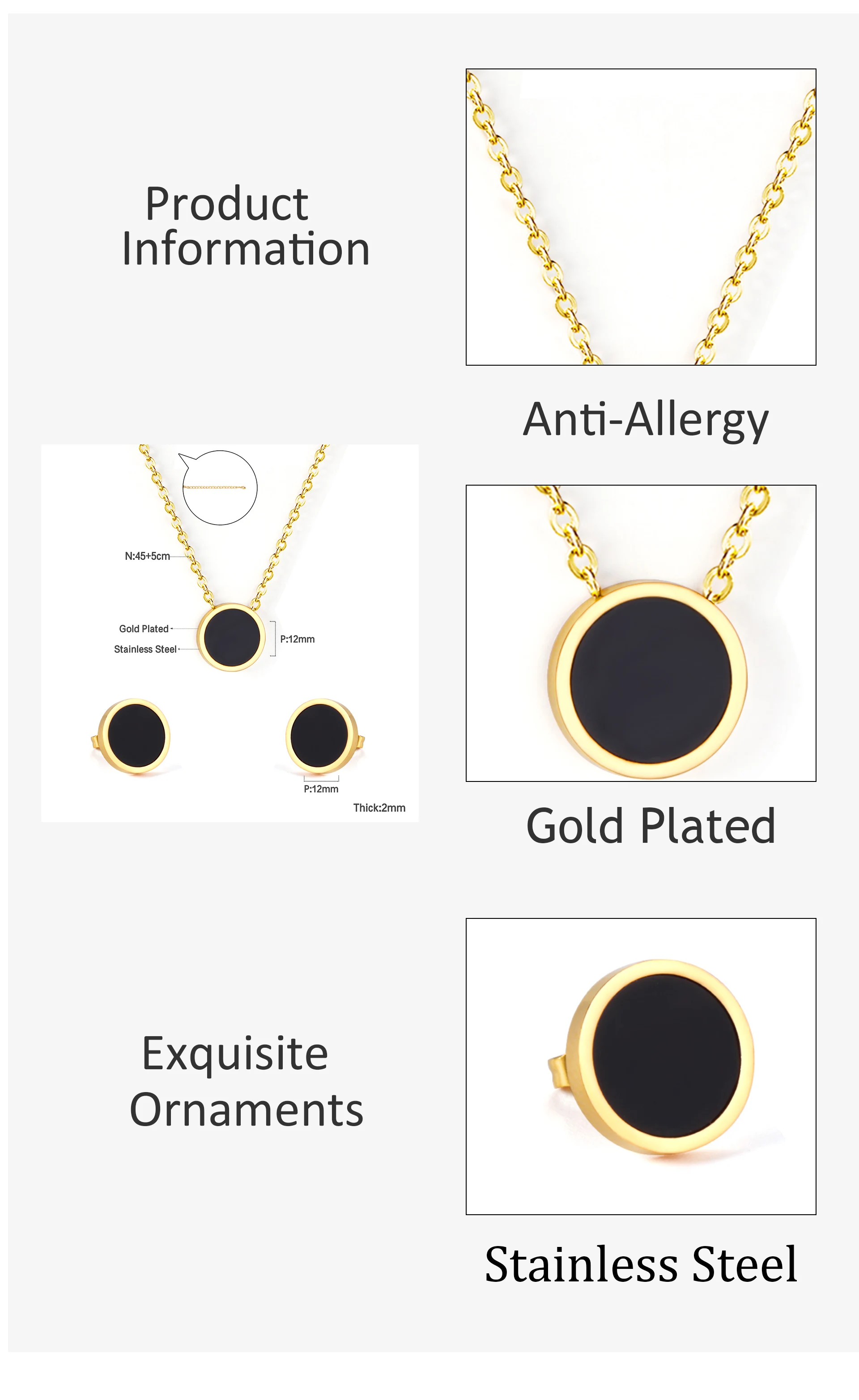 High Quality Pvd 18k Gold Waterproof Plated Stainless Steel Black