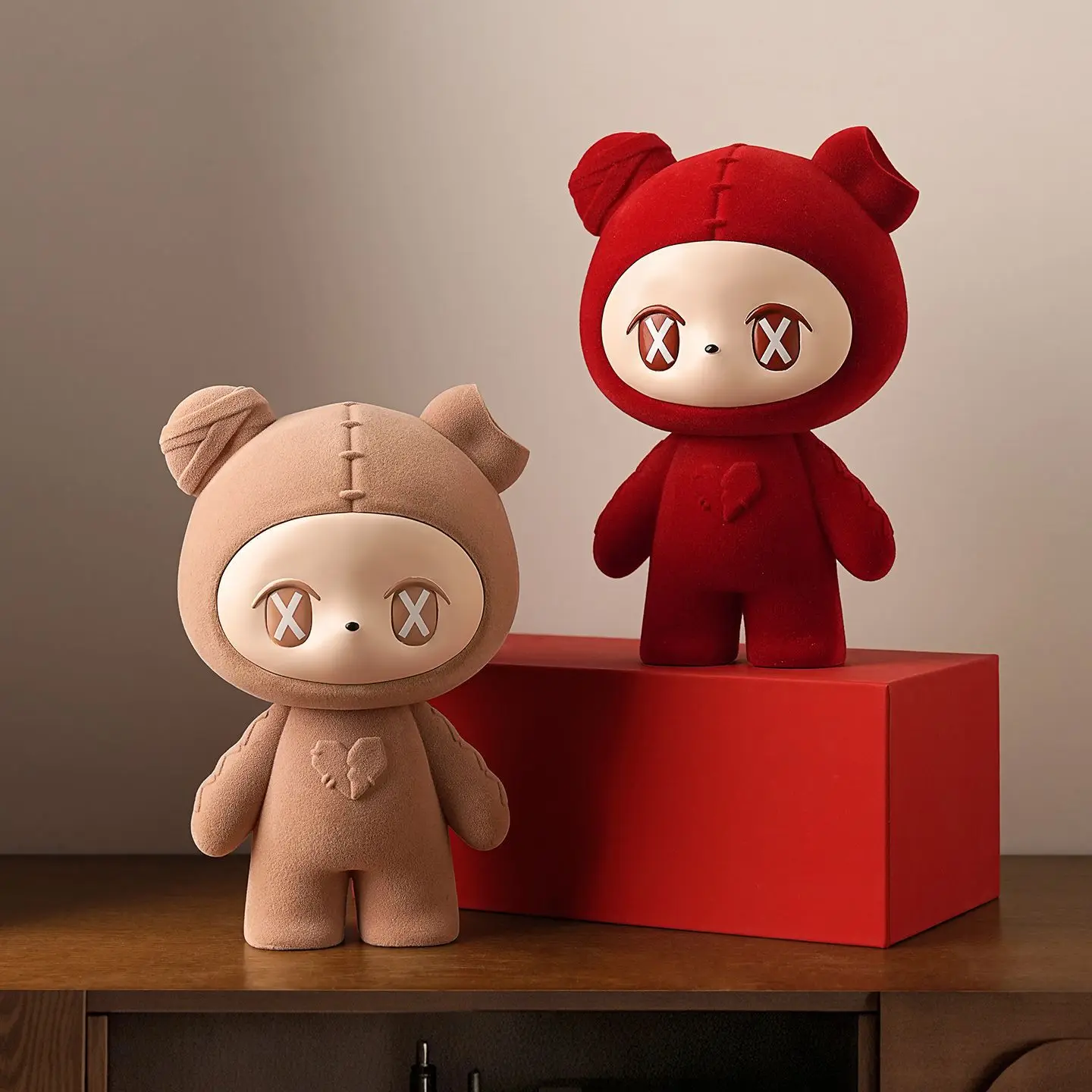 Two Cute Flocked Bear Figurines Red and Pink Tones Kawaii Style Modern Home Decor Living Room Desk Collectible Ornament Set