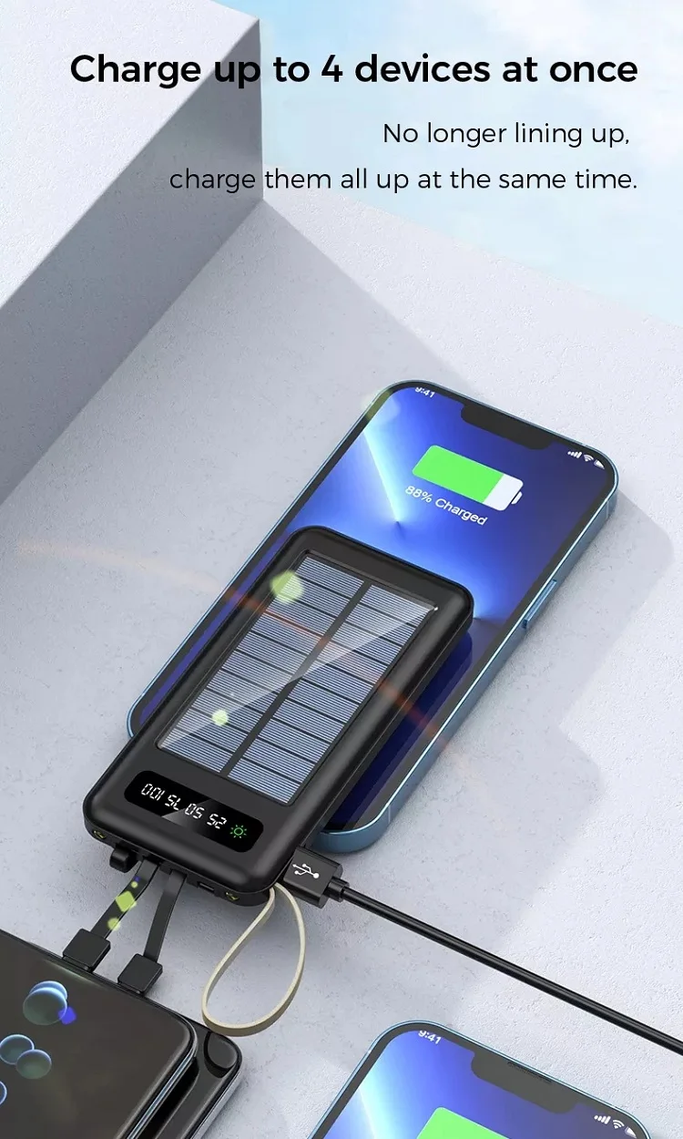 Factory Real Capacity Solar Power Bank Multi-functional Detachable 4 Cables Large Capacity 10000mAh Mobile Power Supply