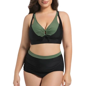 Women's 2-Piece Swimsuit V-Neck Bikini Set with High Waisted Bottom Push-up Bra Front Logo Plus Size Tummy Control
