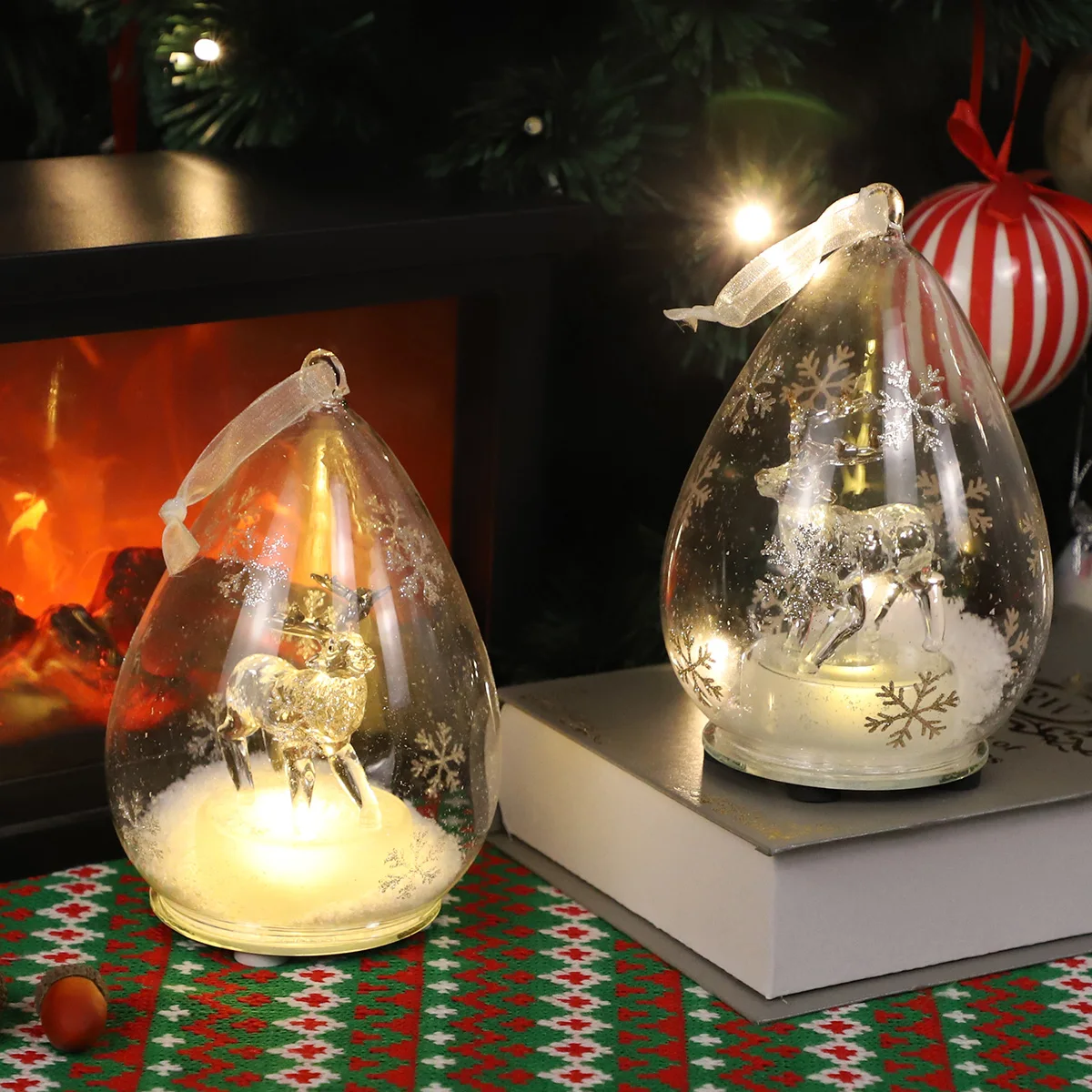 Teardrop Shaped All Clear Glass Decorative Handmade hanging Christmas Tree Decorations Small Dear Figurine With Lights New Year