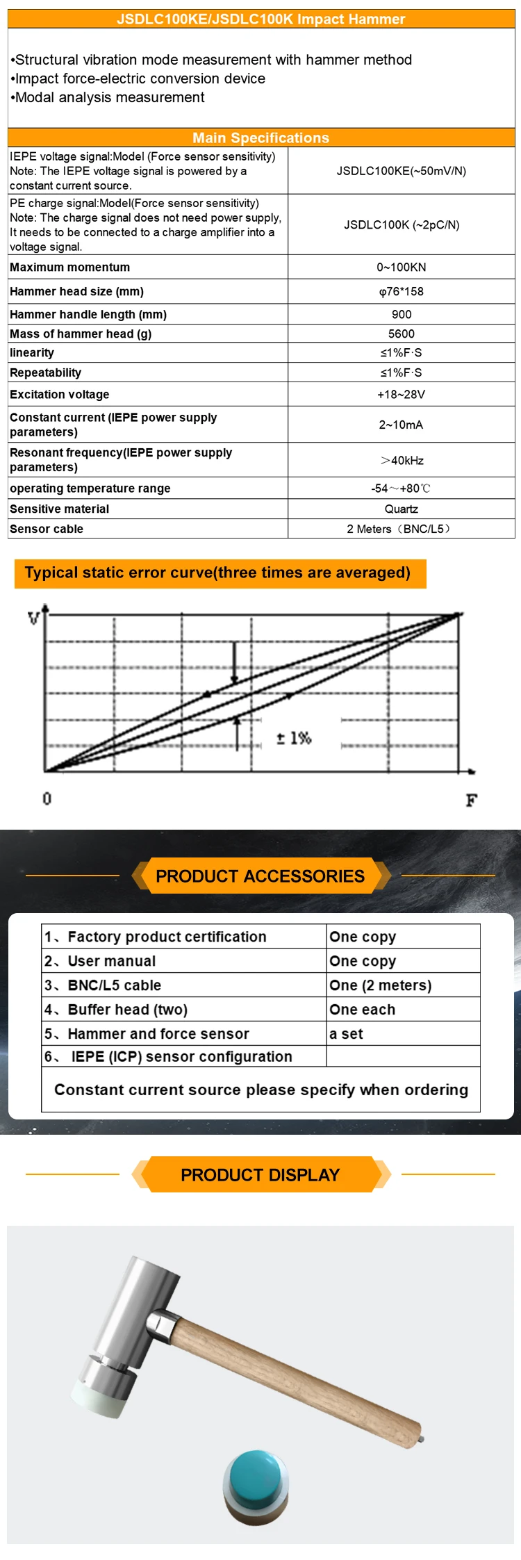 JSDLC100K Independent Maximum Momentum 0~100KN Stainless Steel Modal Testing Impluse Hammer Modal Hammer factory