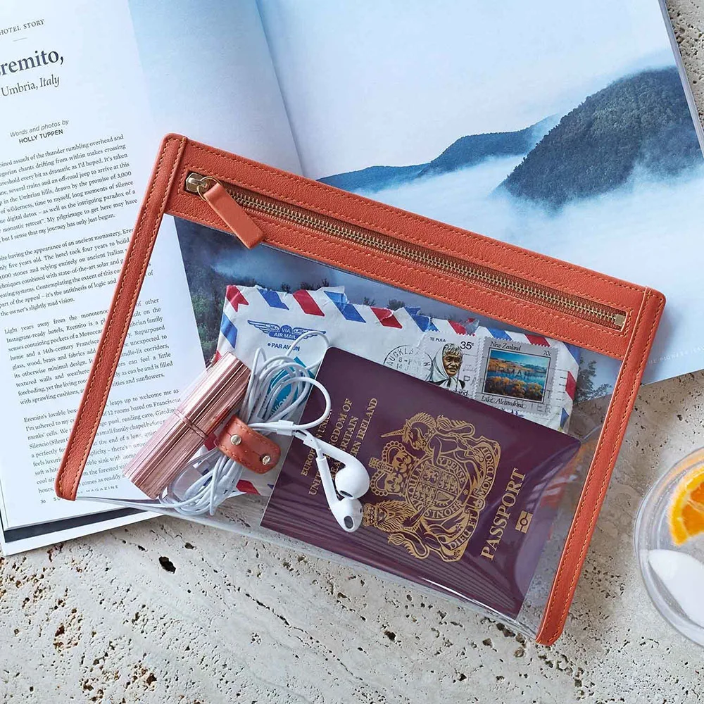 Handmade Real Leather File Organizer Factory Storage Bag RFID Long Travel Document Holder for Passport Wallet Zipper Closure