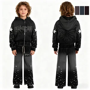 Custom Acid Washed Vintage Hoodie Sweatpants 2 Piece Set Streetwear Rhinestone Hoodie Joggers Set Sweat Pant Kids Tracksuits