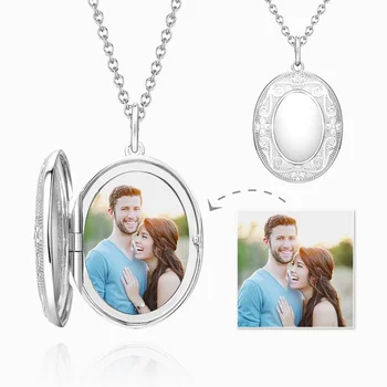 Mother's Day Engraved Embossed Oval Photo Locket Electroplated Platinum Necklace Jewelry