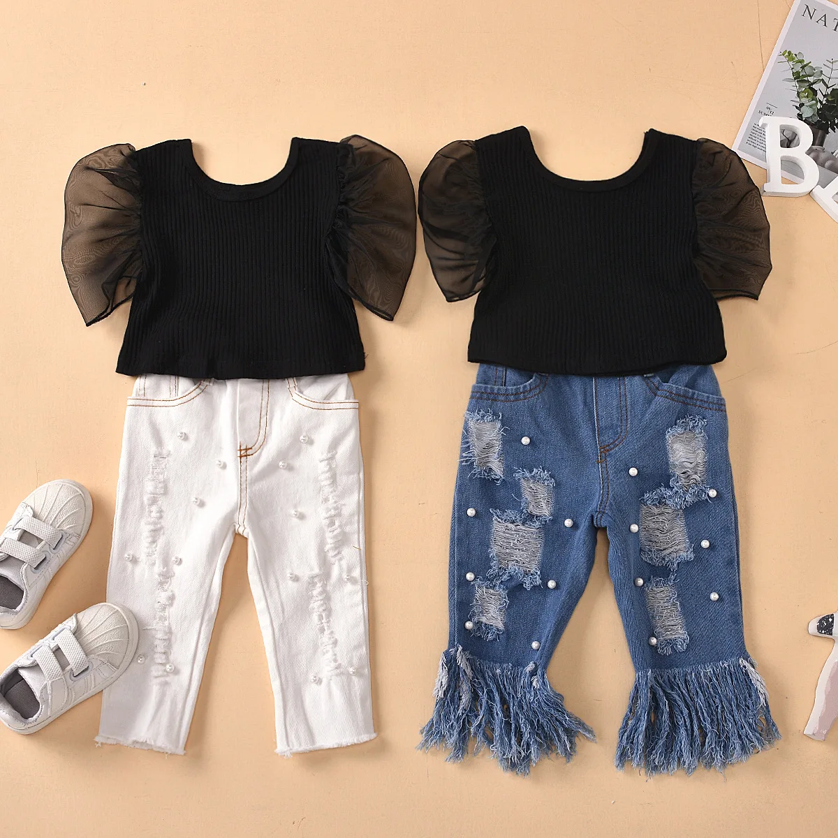 Baby Girls Clothes Set Black Mesh Tops 