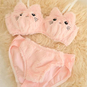 Fluffy Cat Cartoon Winter Underwear Mid-Rise Bikini Briefs Sexy Knitted Panties Breathable Woven Design