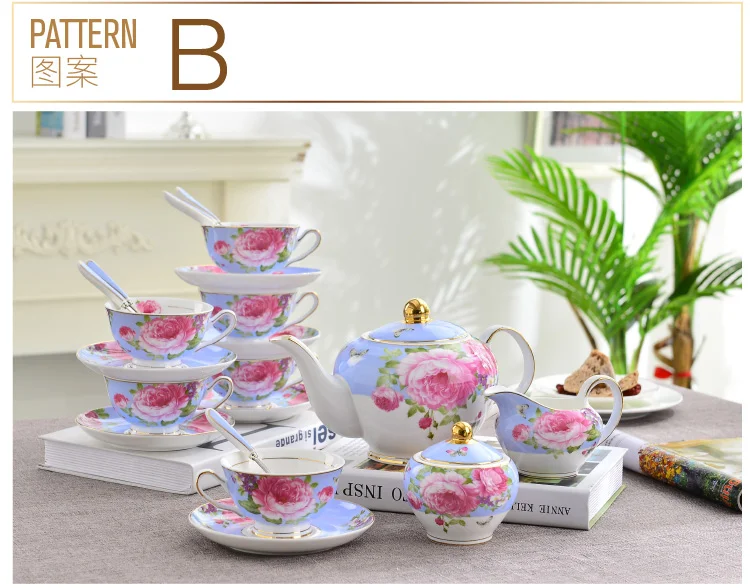 Custom Luxury Pink Color Floral Turkish Tea Cup Saucer Sets,Fine 5 Pcs Porcelain Tea Set Tea Pot Set details
