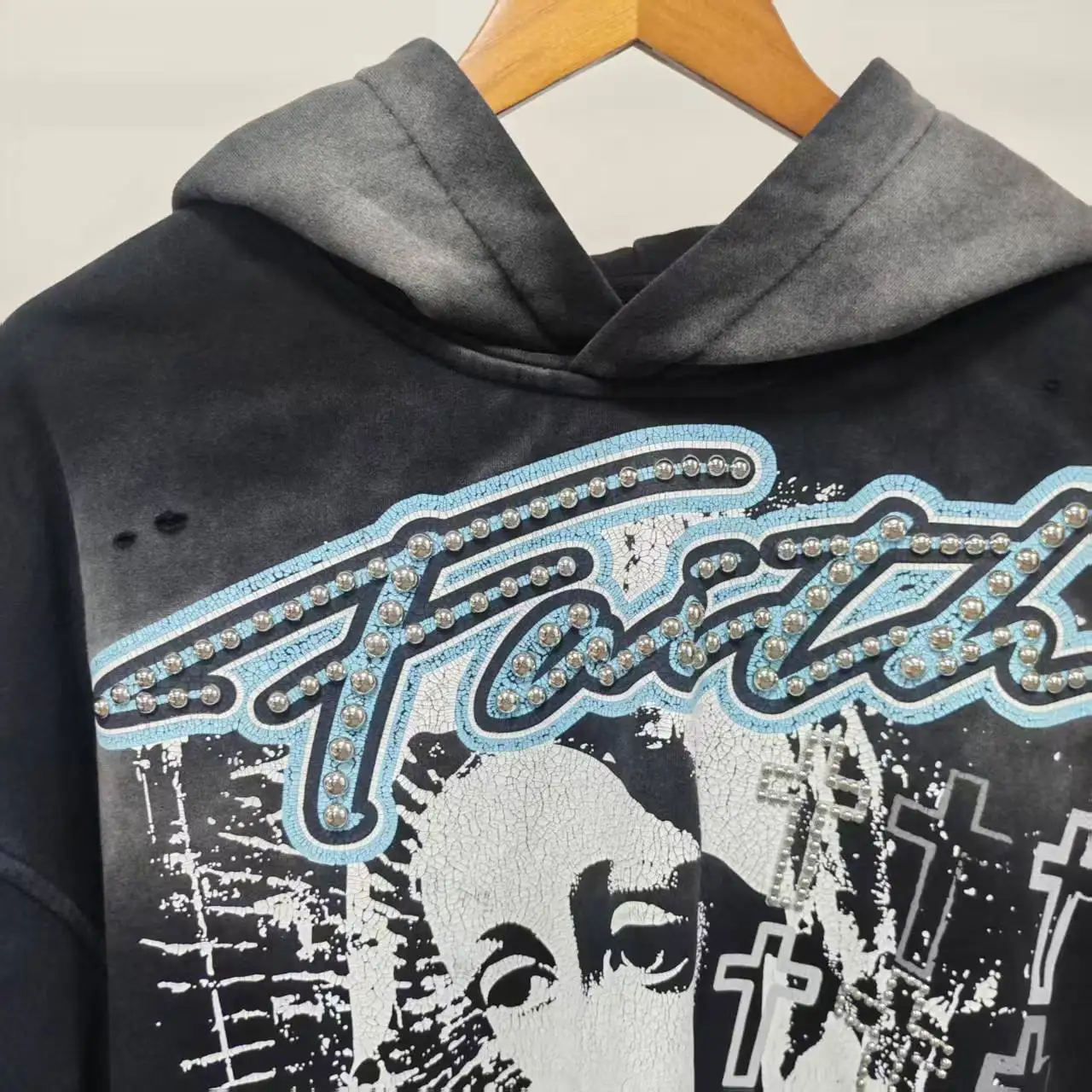 Wholesale Custom Graphic Print Rhinestone Acid Wash Oversized Streetwear Pullover French Terry Sweatshirt Casual Men Hoodie gallery 3