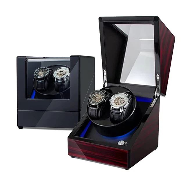 5 Rotation Modes Ultra-Quiet Mabuchi Motor Wooden Automatic Watch Winder Box with Built-in LED Light for Double Watches