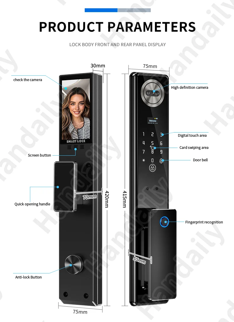 handaily palm face recognition door lock for home fingerprint tuya app remote control video intercom smart lock multi language c11-10
