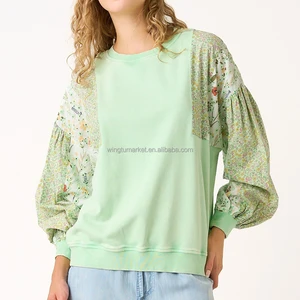 Wholesale Casual Mint Green Crewneck Sweatshirt Floral Print Patchwork Puff Sleeves Women Pullover