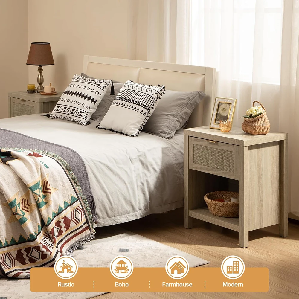 product modern rattan nightstands with drawer  open shelf farmhouse boho design for bedroom and living room light oak-4